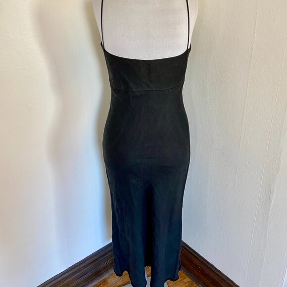VTG 90s 2000 y2k Black Maxi Midi 100% Linen Milk Maid Dress Potrait Tie Sun Med - Picture 15 of 15